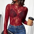 thumbnail image 4 of Women Long Sleeve Solid Color Sheer Lace T-Shirt Blouse Clubwear Going Out Top, 4 of 8
