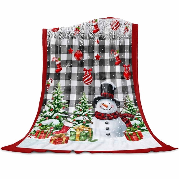 Christmas Snowman Flannel Blanket for Bed,Travel and Camping, Xmas Tree Socks Ball Black Plaid Winter Super Soft Cozy Blanket for All Seasons 40" x 50"