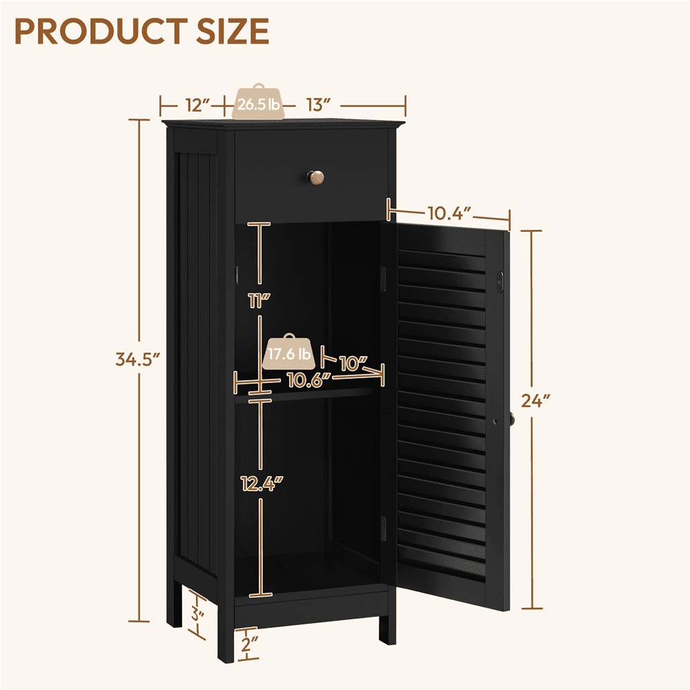 Alden Design 34.5″ H Narrow Bathroom Storage Cabinet with Drawer, Black