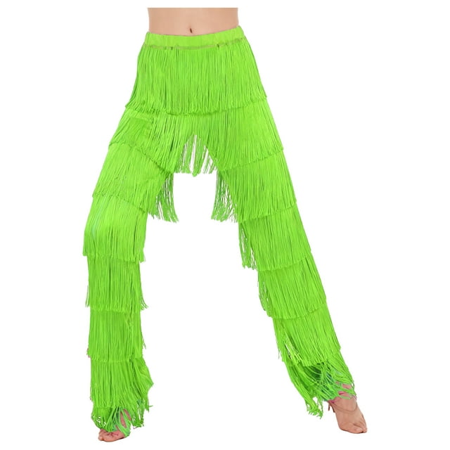 LiiYii Women's Fringe Latin Ballroom Dance Pants Salsa Tango Samba Rumba Dance Performance Fluorescent Green L