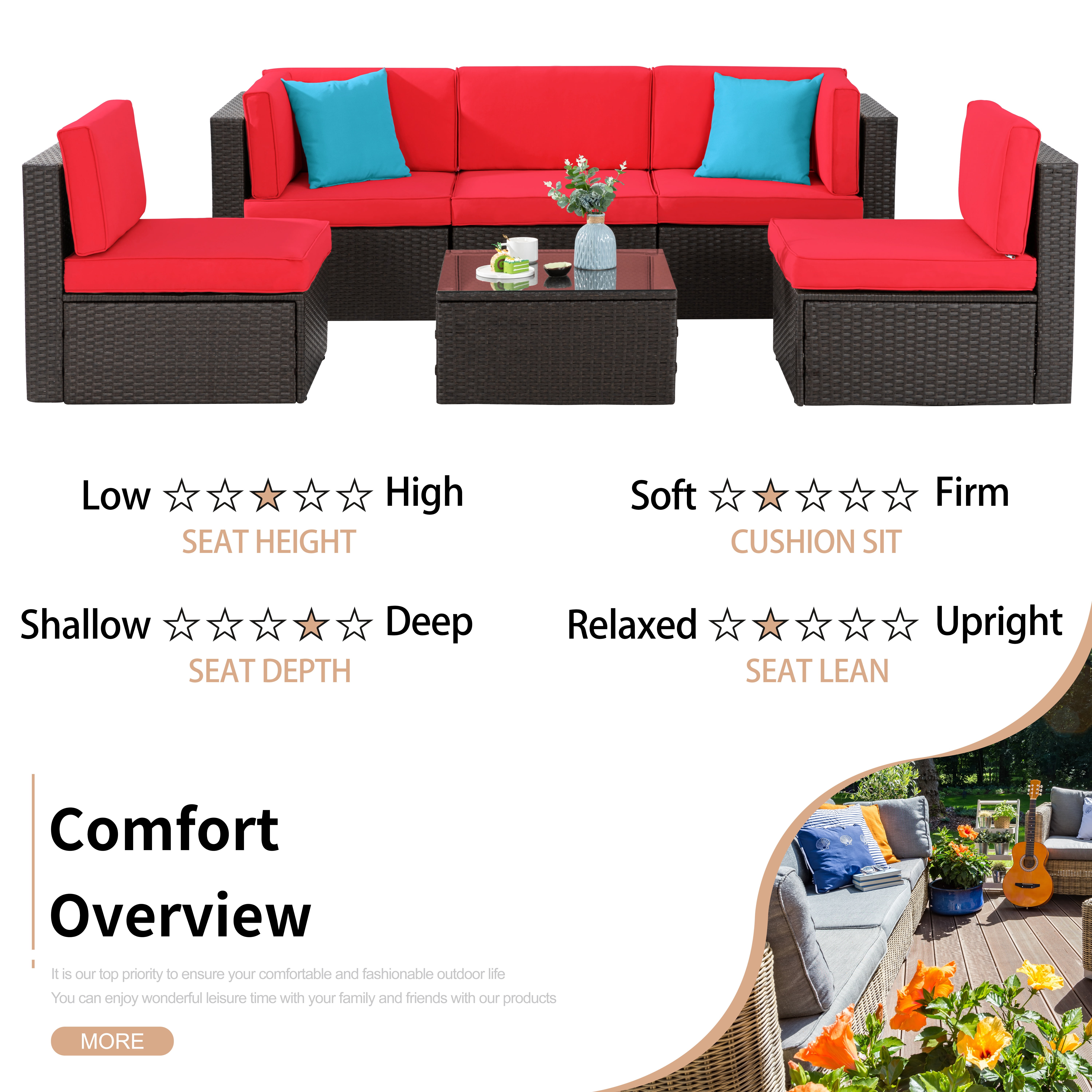 Patio Furniture Set, Walsunny 6 Piece All Weather Outdoor Sectional Sofa, Wicker Patio Conversation Set with Cushions and Tempered Glass Table for Backyard Porch, Red