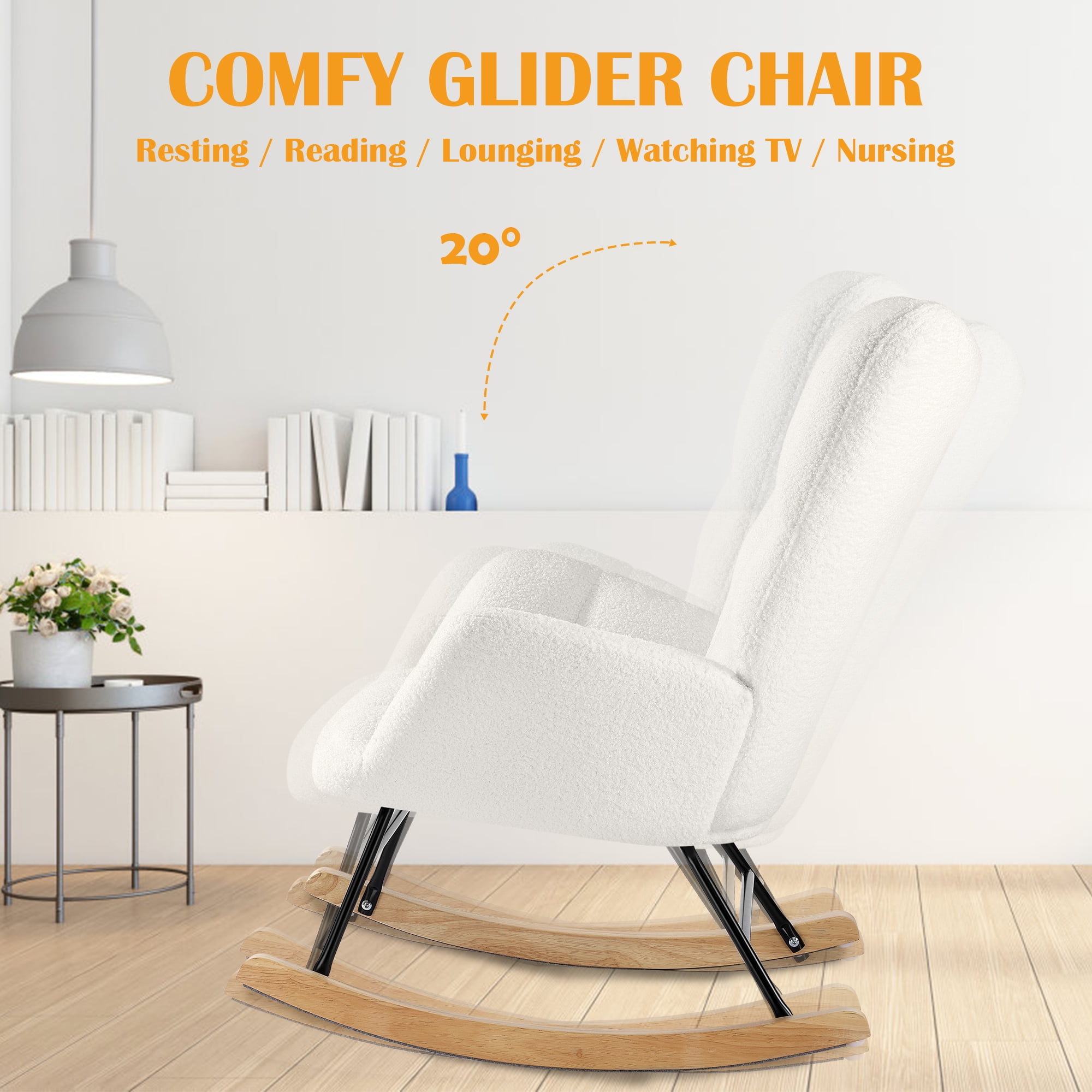TrumanPick Rocking Chair Nursery Boucle Upholstered Accent Chairs Comfy Glider Rocker with High Backrest for Living Room,White