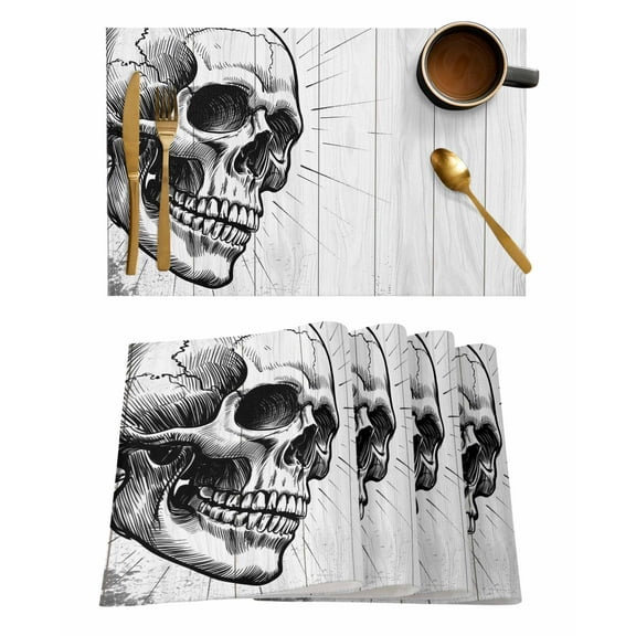 Skull Placemats Set of 6 Wood Grain Halloween Heat Insulation Washable Place Mats, Rustic Non-Slip Table Mats for Dining Table Party Kitchen Decor,13x19 Inch