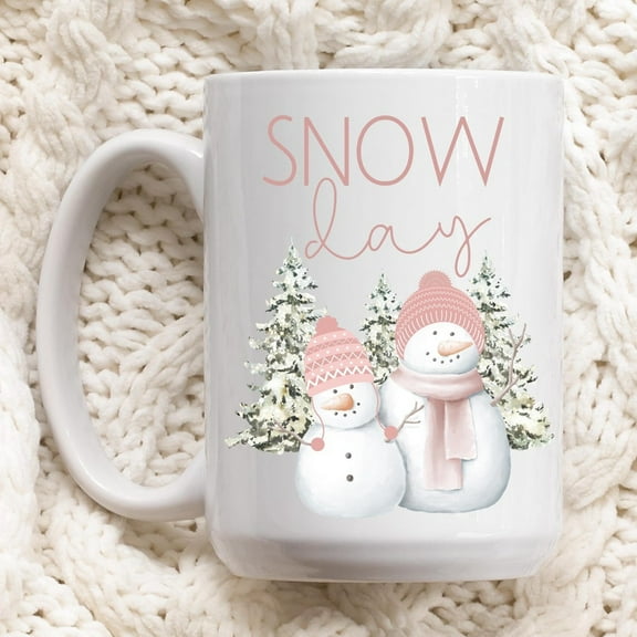 Pink Snowman Mug, Snowman Coffee Mug, Winter Coffee Mug, Snow Day Mug, Snowy Pine Tree Winter Scene Mug, Cozy Winter Coffee Cup