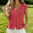 thumbnail image 2 of Women's Cotton Linen V-Neck Tank Top Ihhxva Sleeveless Pleated Button Peplum Hem Stretchable Summer Breathable Lightweight S-2XL, 2 of 9