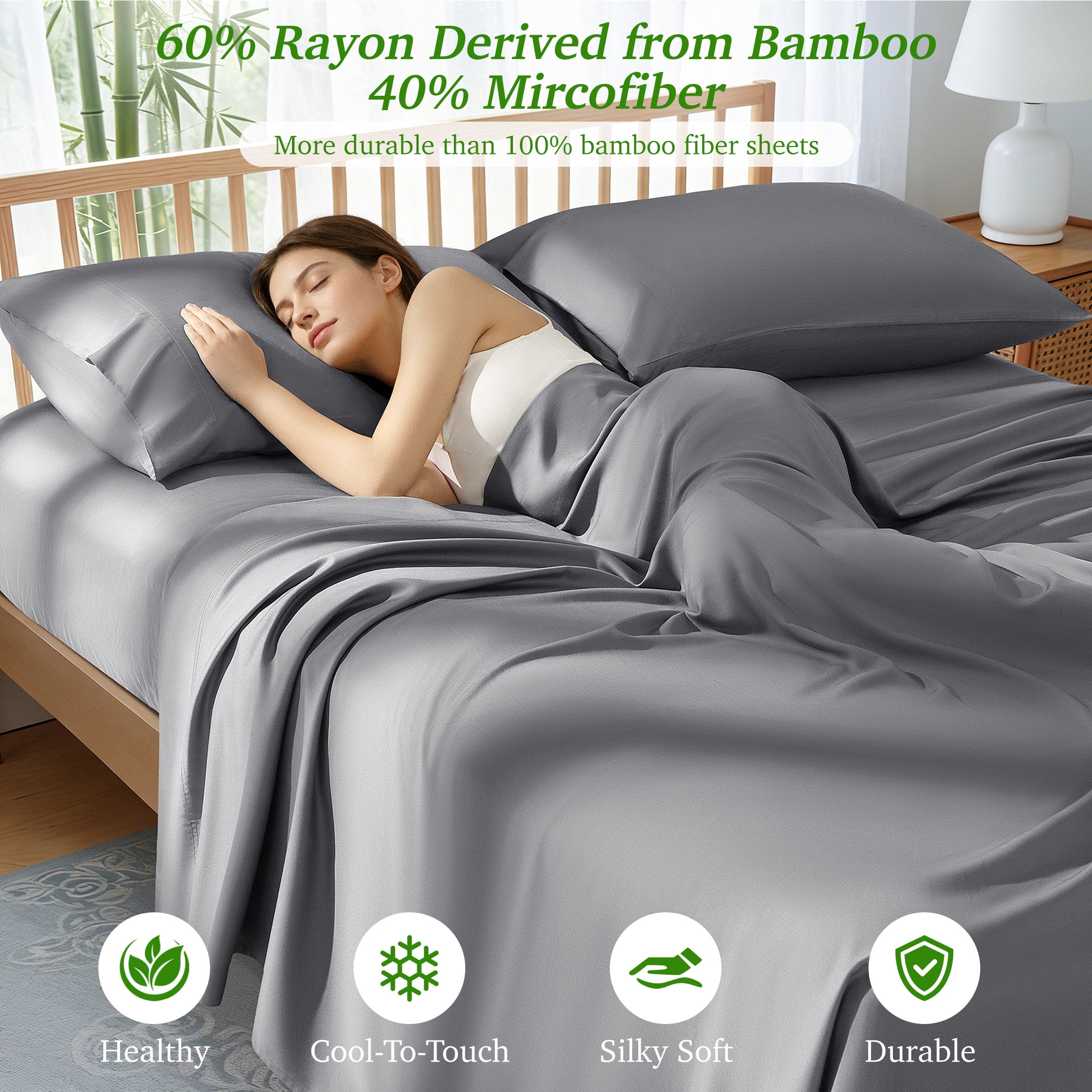 AiAngu Bamboo Queen Sheet Set, Luxury Soft 4 Pieces Bed Sheets with 18" Deep Pocket, Gray