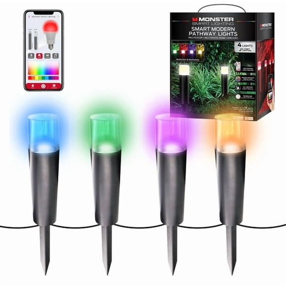 Monster Smart Lot de 4 Lumières de Chemin LED Modernes Résistantes à l'Eau Multicolores et Multiblancs RGB+IC, Mode Musique, Contrôle Vocal et Wifi via Application Mobile, 24 Pieds Électrique Filaire
