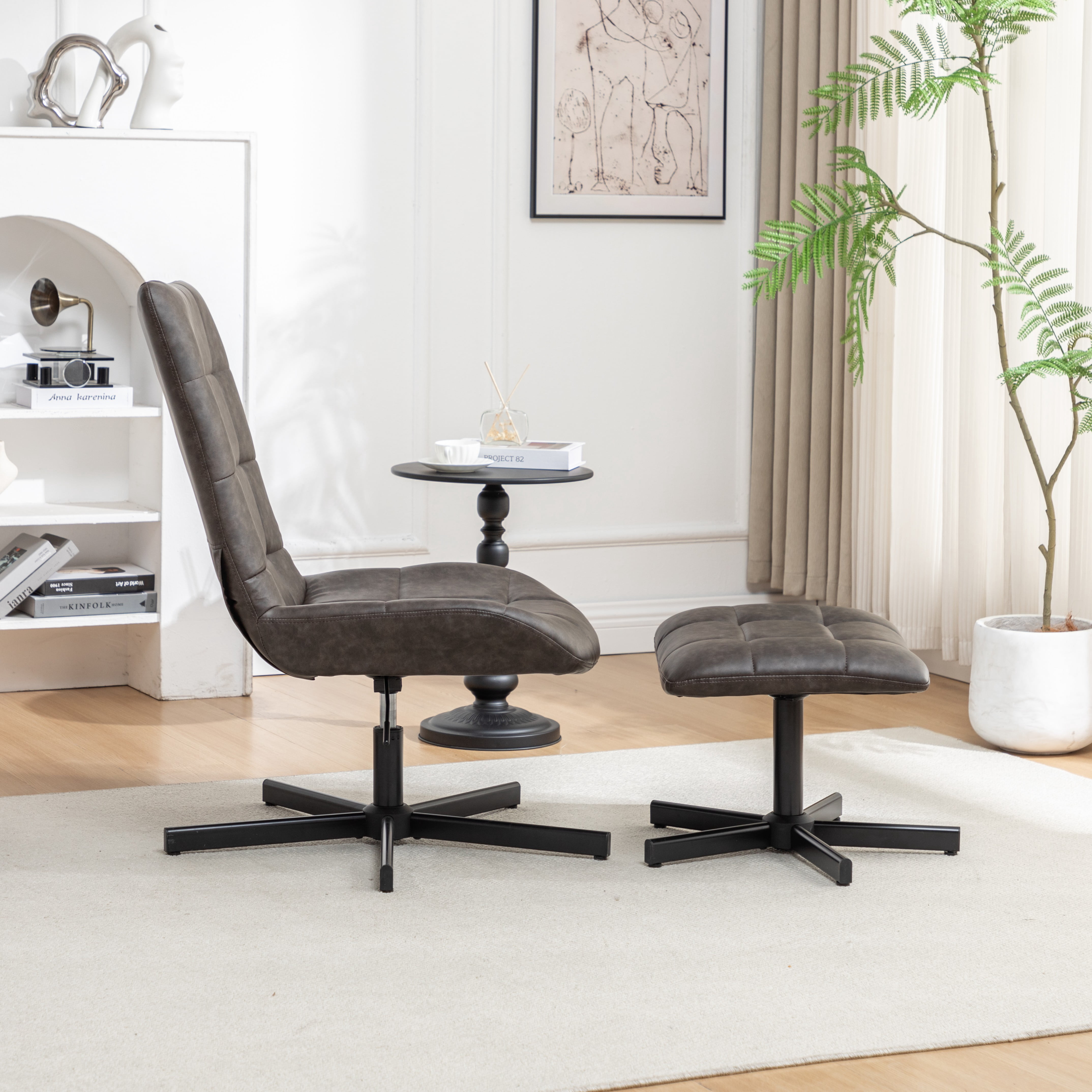 Roundhill Furniture Arlena 2-Piece Seating Set, Faux Leather Tufted Accent Chair and Ottoman, Brown