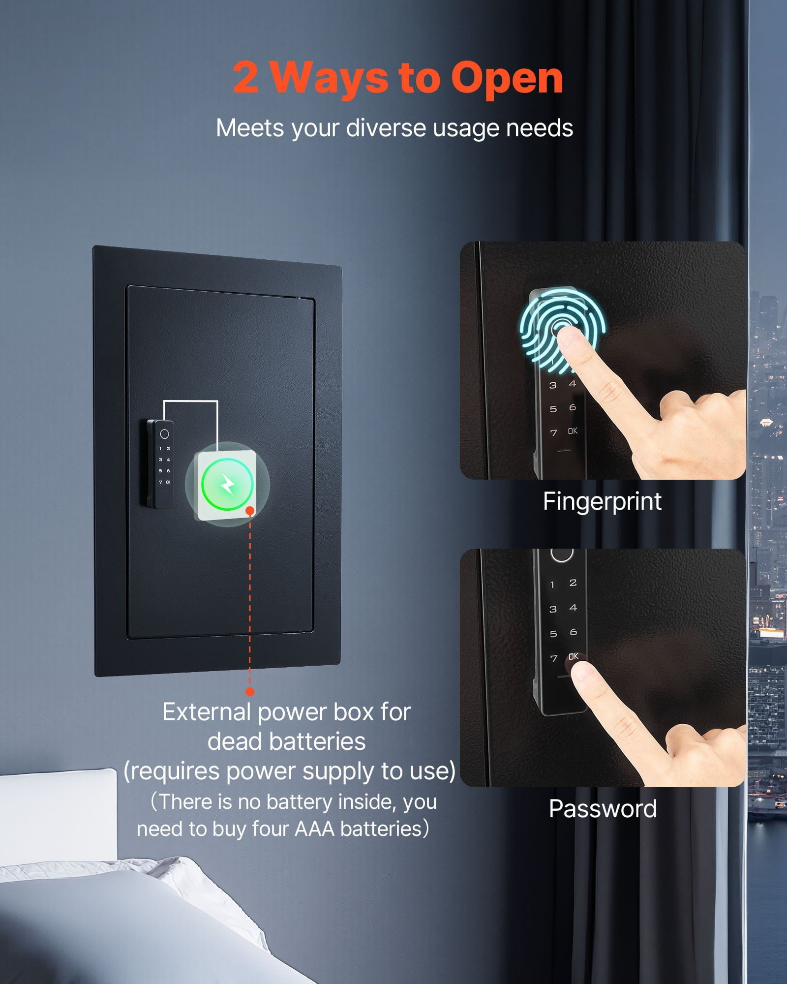 3 Tier Hidden Wall Safe with Fingerprint Password Key Turning Knob Q235 Cold Rolled Steel In Wall Box Adjustable Shelves Key Holders for Money Jewelry Passport Document