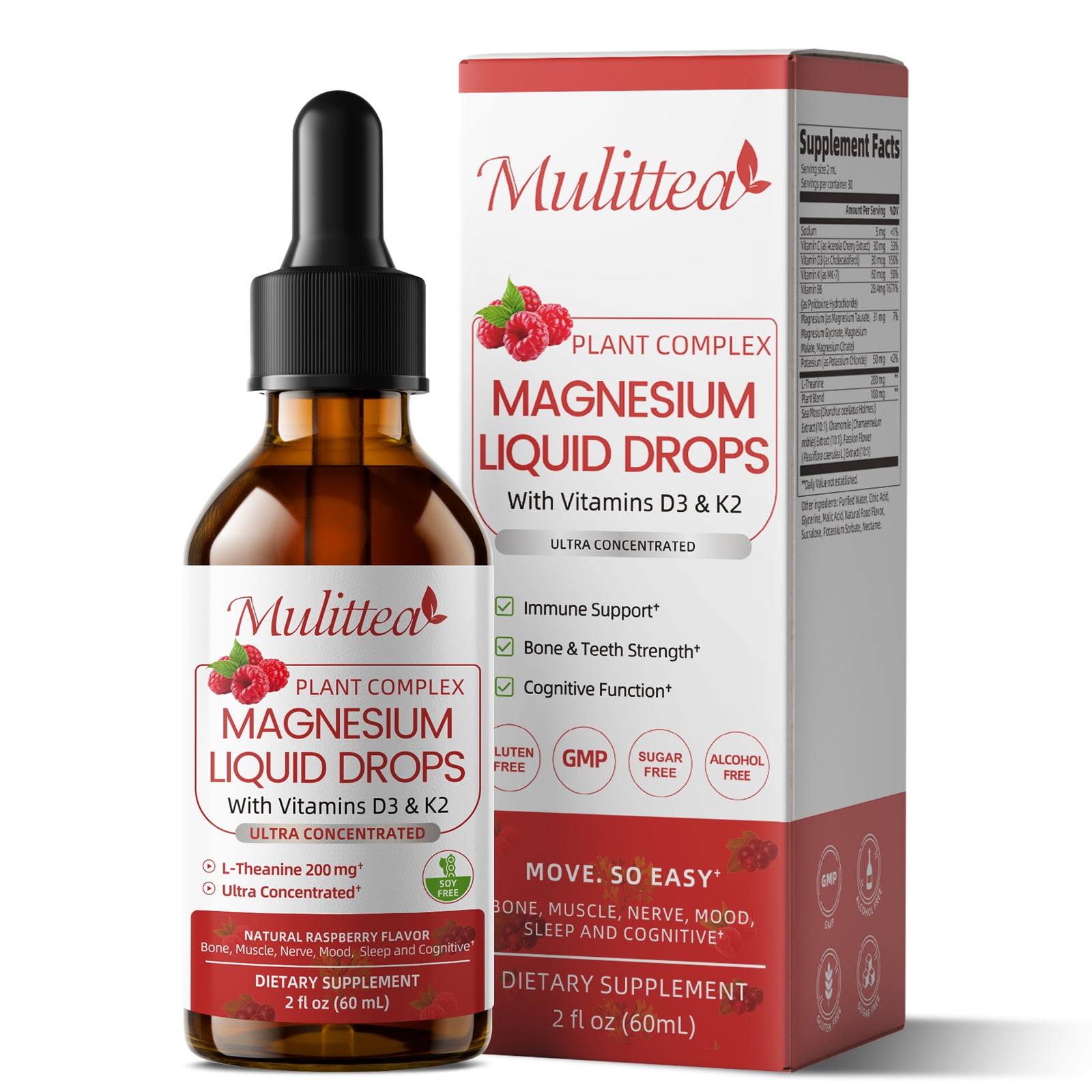 Mulittea Magnesium Liquid Drops with Vitamin D3, K2 (MK-7), Vitamin C & L-Theanine, Raspberry Flavor, 2 fl oz, 30 Day Supply
