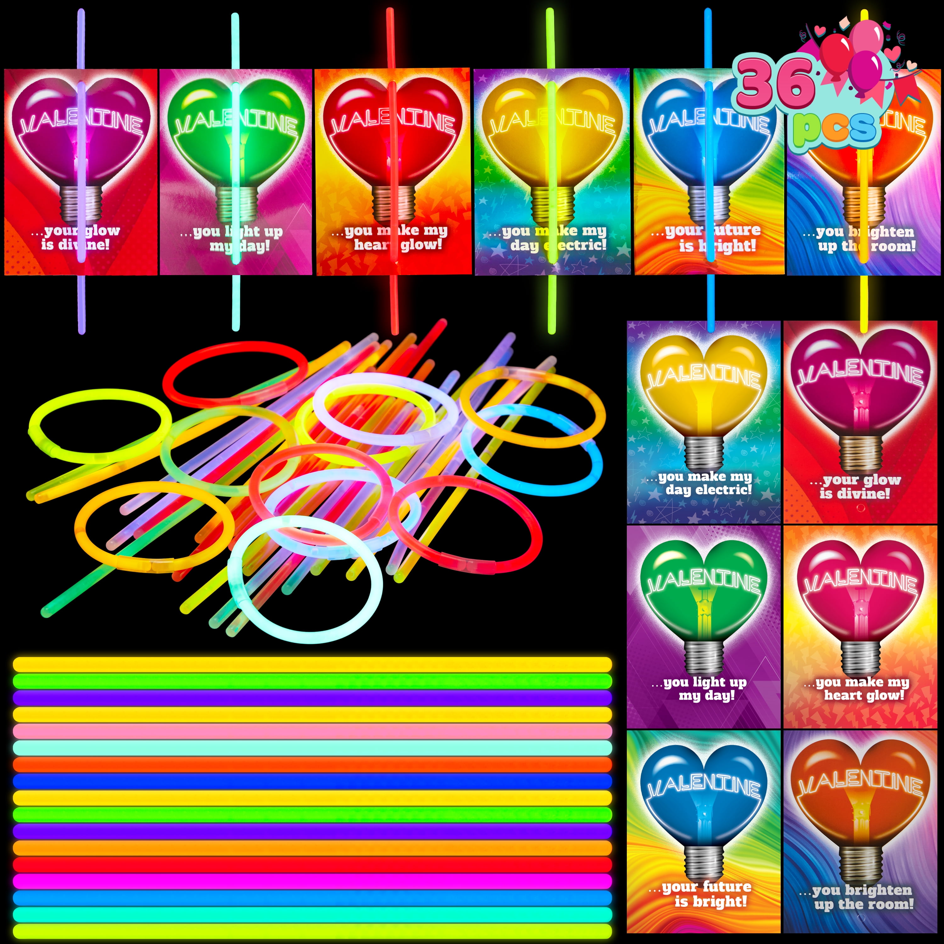 Joyfy 36 Packs Glow Sticks Bracelet with Neon Valentines Day Gift Cards Valentine Exchange Cards for Kids Class Valentines Party Favors