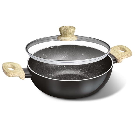 Bellini Aura Non Stick 28 Cm Rivet Less Kadai With Glass Lid 5.2 Liters | Wood-textured Bakelite Handles | 5-layer Coating, Induction & Gas Ready