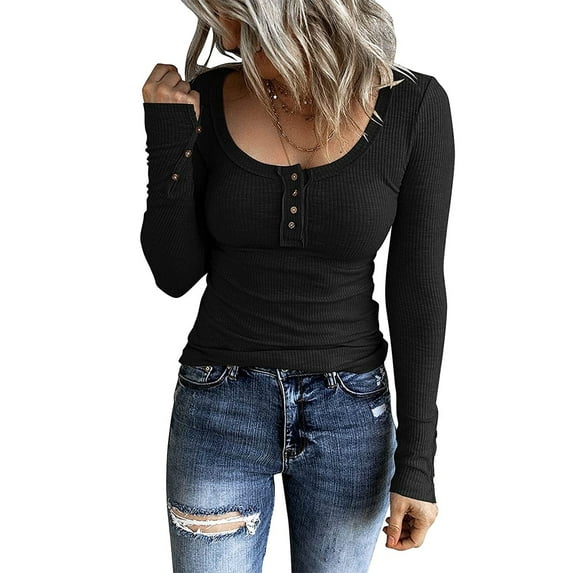 Sedceaty Women’s Henley T-Shirts, Long Sleeve Scoop Neck Button Down Solid Color Slim Fit Tops