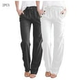 thumbnail image 2 of 2pc Linen Pants for Women Straight Leg Elastic Waist Drawstring Trousers with Pockets Solid Color Pants (XL, White), 2 of 7