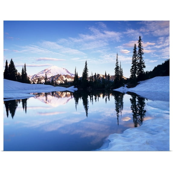 Great BIG Canvas | "Washington, Mt. Rainier and clouds reflected in Upper Tipsoo Lake at sunrise" Art Print - 20x16