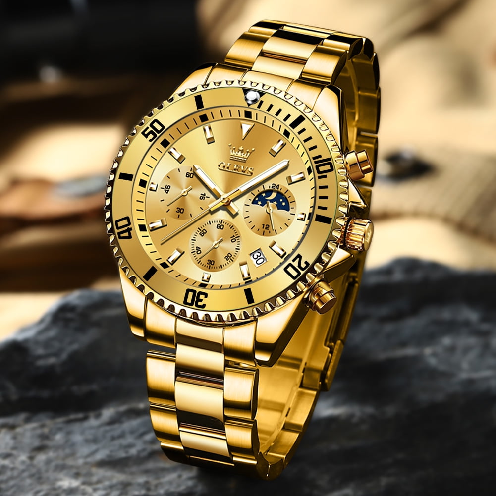 OLEVS Watches for Men Luxury Analog Quartz Chronograph Business Dress Gold Plated Stainless Steel Moon Phase Waterproof Luminous Date Casual Mens Wrist Watches Reloj Para Hombre