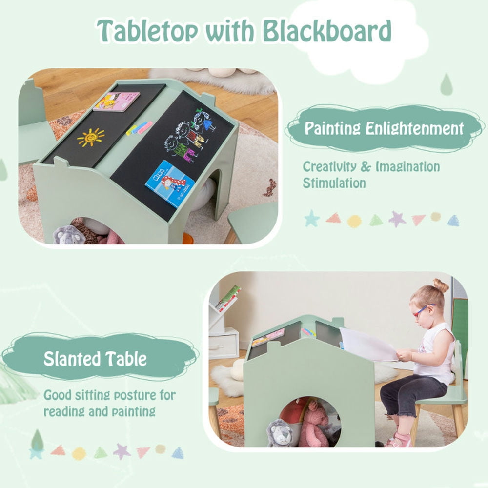 Resenkos 3 Pieces Wooden Kids Table and Chair Set-Green, Small Folding Table for Arts & Crafts, Snack Time, Homeschooling, Homework