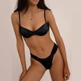 thumbnail image 3 of Women Bathing Suit Two Piece Spaghetti Strap High Cut Pure Color Pleated Wireless Padded Bikini Swimsuit Black S, 3 of 5