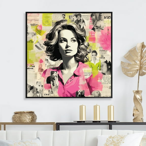 Designart "Fashion Blooms Pink and Green Popart Woman III" Fashion Framed Wall Art - Modern Pink Pop Art Hallway Framed Wall Art Decor