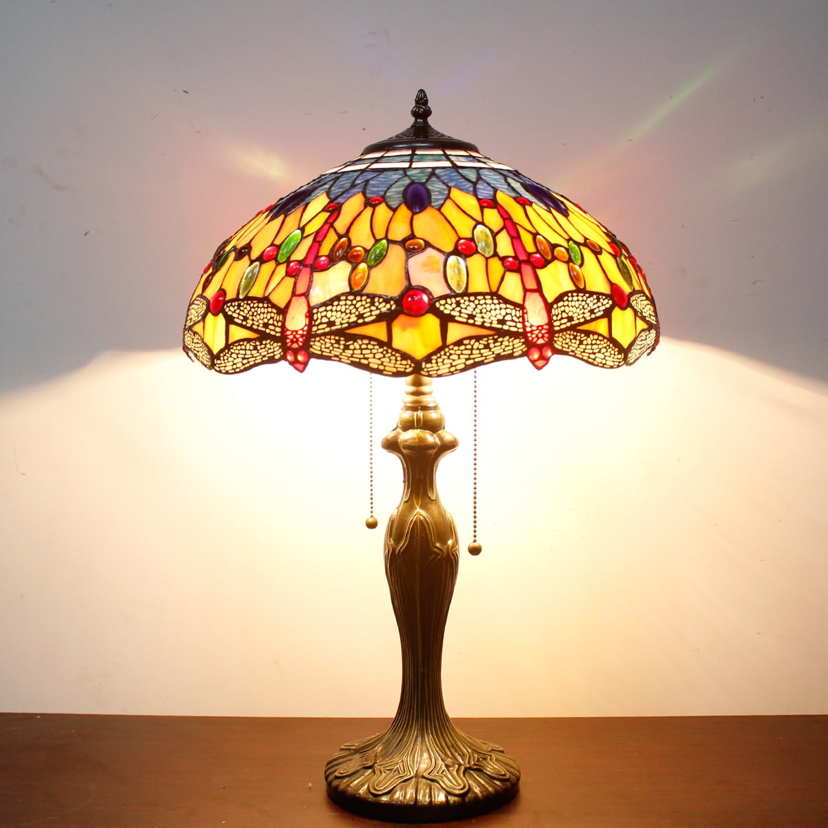 Tiffany Style Table Lamp W16H24 Inch Orange Blue Stained Glass Crystal Bead Dragonfly Shade S168 LAMPS Kids Living Room Bedroom Coffee Bar Desk Bedside Reading Light Antique Art Crafts Gift