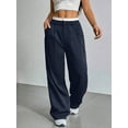 thumbnail image 4 of Womens Baggy Wide Leg Pants Casual Stripe Elastic Waisted Palazzo Harem Pants with Pockets Navy Blue M, 4 of 7