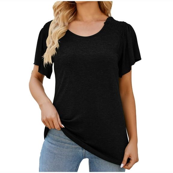 Scyoekwg Womens Casual Short Sleeve Blouses Round Neck Tunic Tops Loose Solid Color Lightweight Trendy Blouses (Black,L)