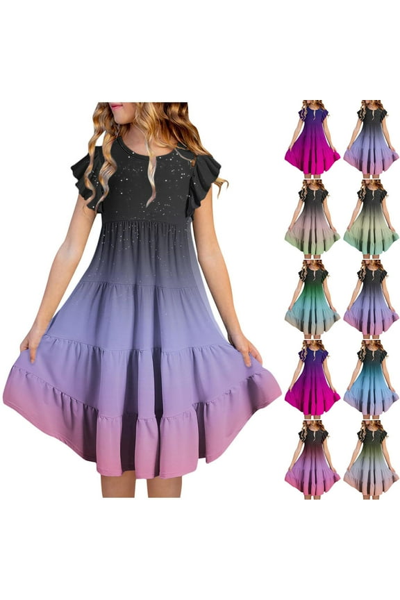 New Kids Dresses Girls Cute Print Short Sleeve Casual Dresses Round Neck Knee Length Dress With Pocket Lightweight Girls Dresses 7-8