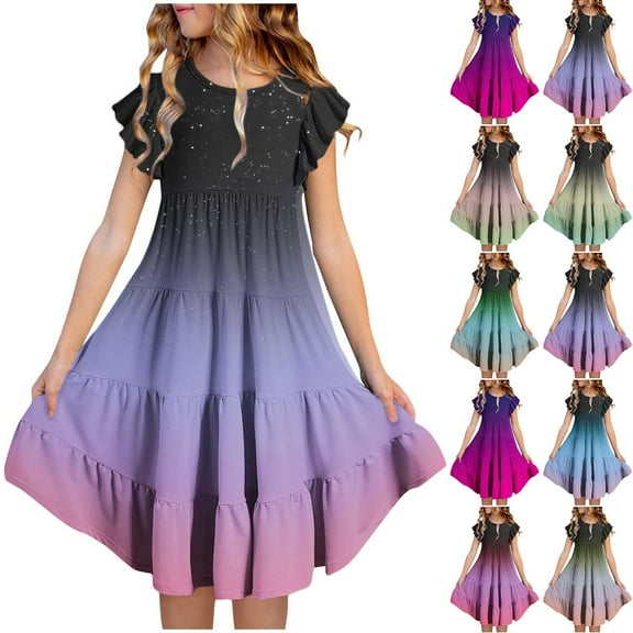 Pounoo New Girls Dresses 10-12 Cute Print Short Sleeve Casual Dresses Round Neck Knee Length Dress With Pocket Breathable Dresses For Kids Girls