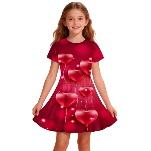 WMQPNNS Girls Heart Printed Dress Girls Dress 5t Fancy Short Sleeve Tunic Shirt Mid Dresses Casual Summer Dress Skater Sundress Kids Outfits(Size 6-7 Years,Red)