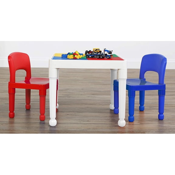 Kids Activity Table and 2 Chairs Set, White/Blue/Red - 2-in-1 Toddler Play Table Building Blocks Compatible - Premium Children’s Table and Chair Set for Arts, Crafts, Reading and More
