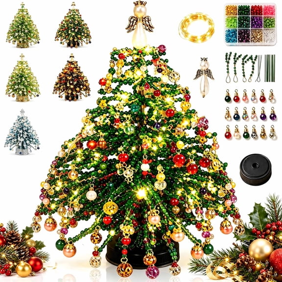 DIY Beaded Christmas Tree Kit with Light,Crystal Holiday Craft Set with Colorful Beads,Tabletop Christmas Decoration and Gift Making