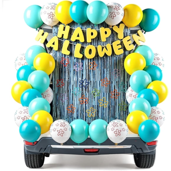 Kit de Décorations de Coffre Ou de Voiture d'Halloween 47 Pcs Thème Éponge avec Bannière Joyeux Halloween, Ballons, Toile de Fond, Bannière, Décorations de Garage Archway