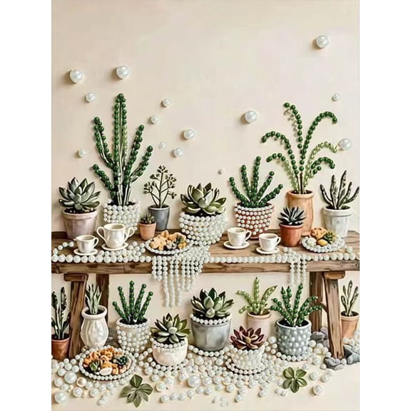 DIY Succulent Pearl Diamond Art Kits for Adults Beginners,Green Plant Pearl Diamond Painting Kits for Adults,5D Diamond Art Gem Painting Kit,Home Wall Decor 12 X 16inch