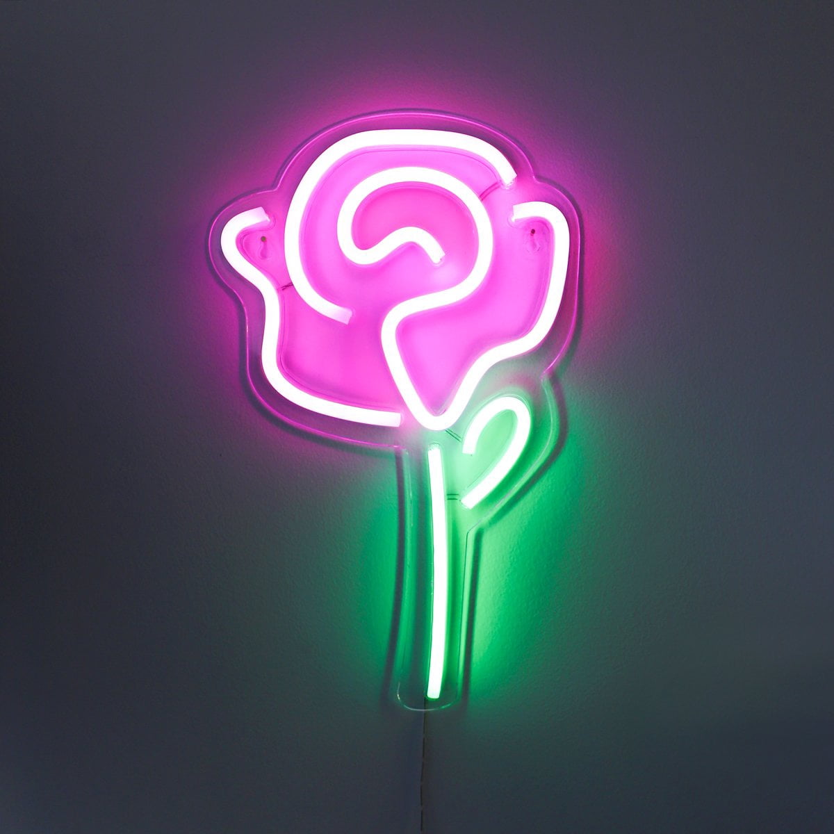 Isaac Jacobs 15" x 9" LED Neon Pink Rose Flower with Green Stem Wall Sign, Powered by USB Wire