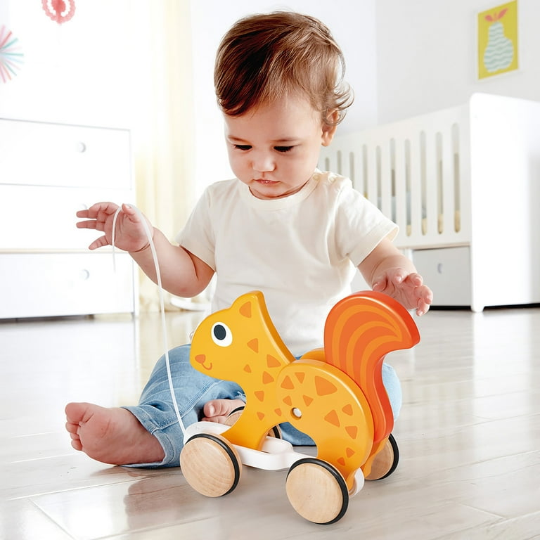 Hape Pull Along Squirrel Orange Wooden Animal Toy Rubber Rimmed Wheels Encourage Walking Push String Pull Kids Baby Toddler Ages 12 mo