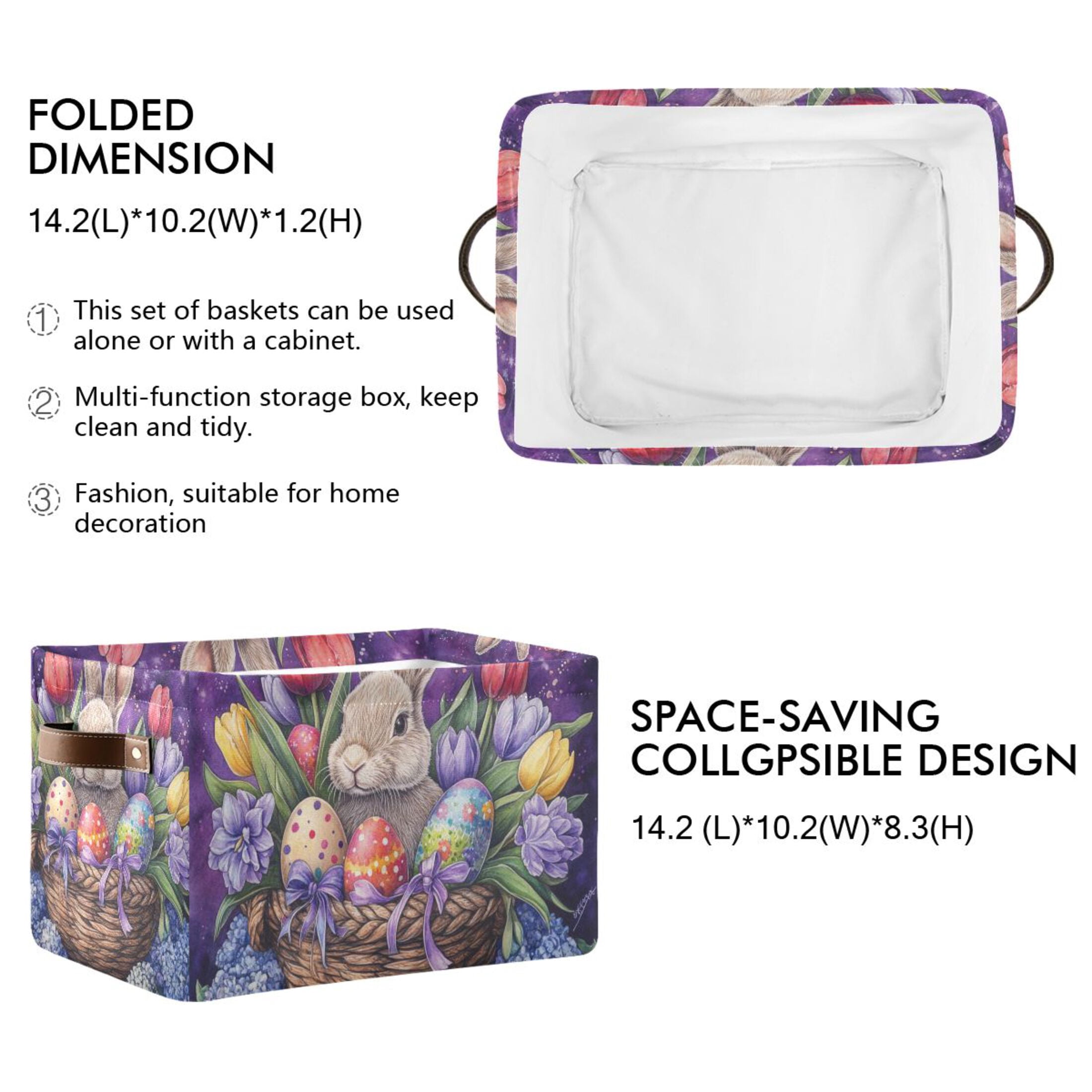 WOBOGO Easter Rabbit Purple Pattern Square Storage Basket with Waterproof Canvas and PE Lining Durable PU Leather Handles 14.2×10.2×8.3in