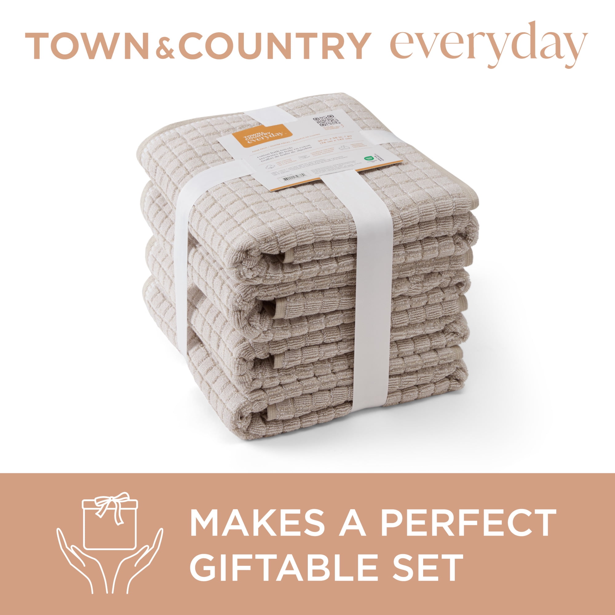TOWN & COUNTRY EVERYDAY 4-Piece Textured Windowpane Bath Towel Set, 30"x58", 100% Cotton, Plush & Absorbent 550GSM, Beige