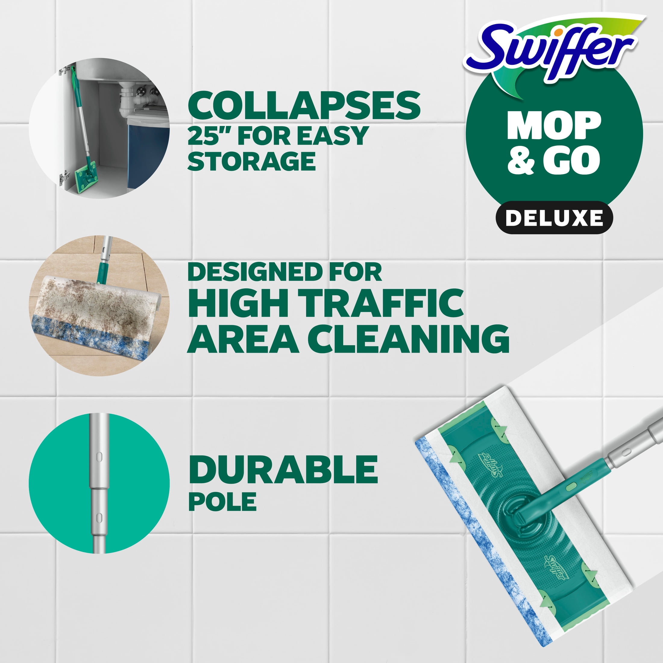 (6 pack) Swiffer Mop & Go Deluxe, 2-in-1 Floor Mopping and Sweeping Kit, 1 Device, 6 Mop Refills, 2 Sweep Refills