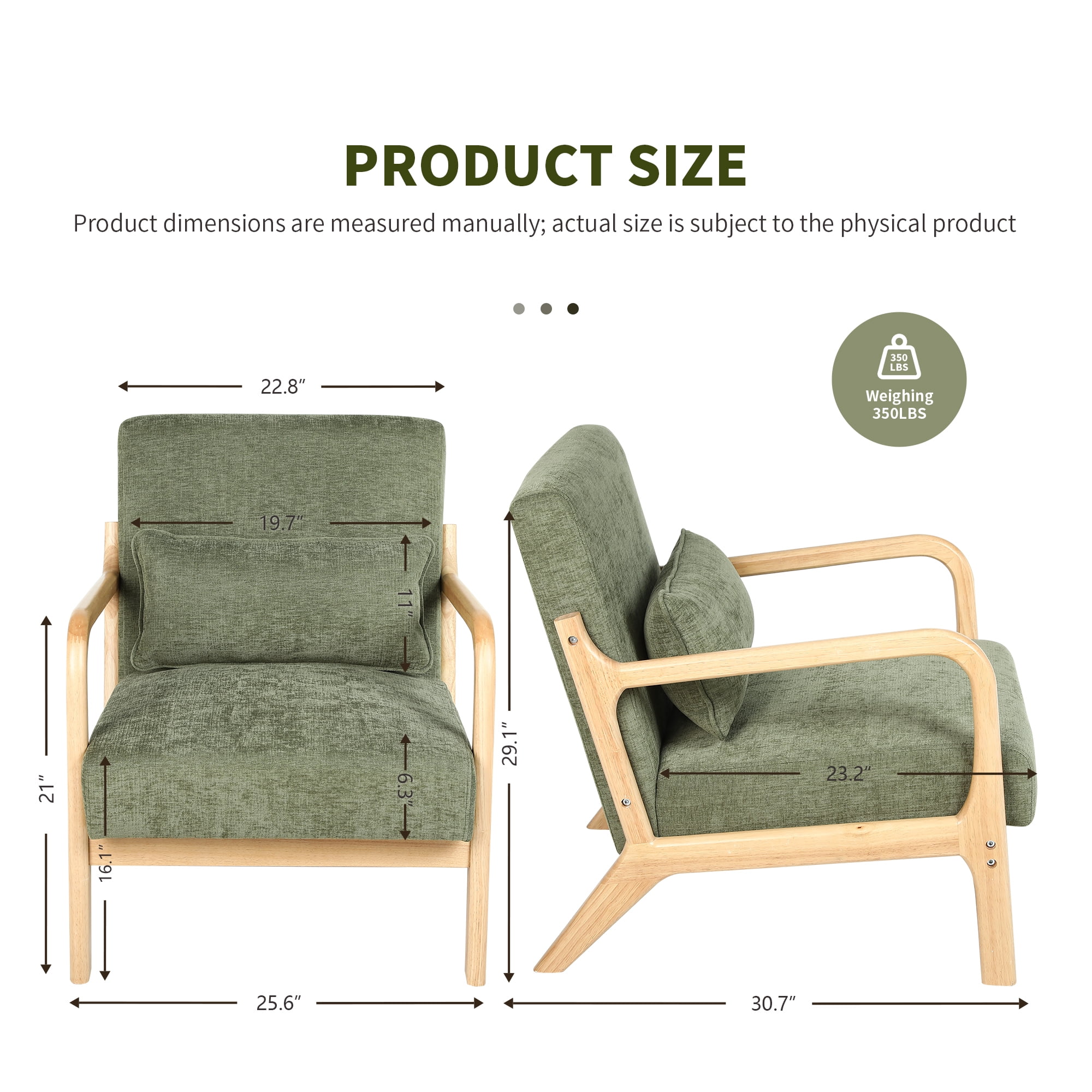 Leumius Accent Chair, Mid Century Modern Armchair with Solid Wood Frame and Detachable Lumbar Pillow for Living Room, Bedroom, Office Green