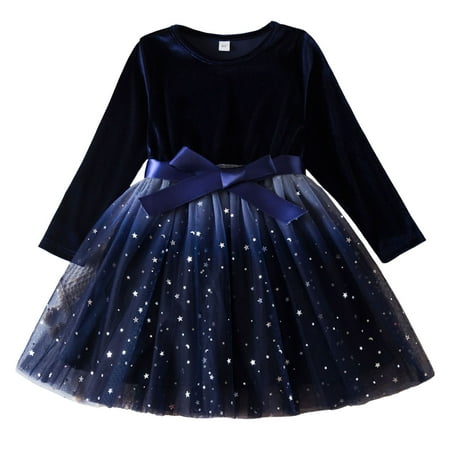 

Toddler Children Girls Christmas Long Sleeve Bowknot Star Prints Dresses Tulle Dress Clothes Princess Birthday Outfit Back To School Clothes Baby Girl Halloween