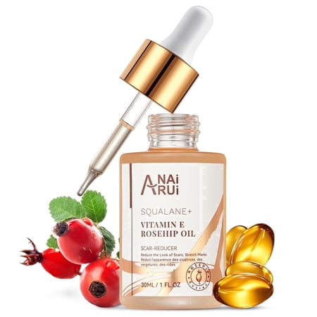 ANAiRUi Squalane + Vitamin E Rosehip Face Oil, Lightweight Facial Oil for Face, Hair, Skin & Nails, Deep Hydration, Nourishing Moisture, 1 fl oz