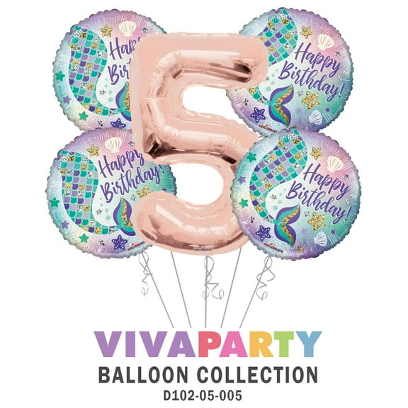 Happy Birthday Mermaid Round Balloon Bouquet 5 pc, 5th Birthday, Rose Gold Number 5 Jumbo Balloon | Viva Party Balloon Collection