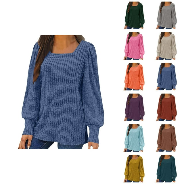 Fall Shirts for Women 2025 Solid Color Ribbed Knit Square Neck Sweater Tops Blouse Long Sleeve Shirts for Women
