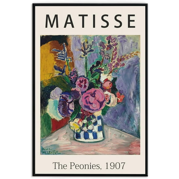 TRAHOO-Framed Canvas Print Wall Art The Peonies, 1907 Famous Paintings By Matisse Colorful Peony Flower Illustration Canvas Print Artwork for Living Room, Bed Room, Office - 12x16 in Black Framed