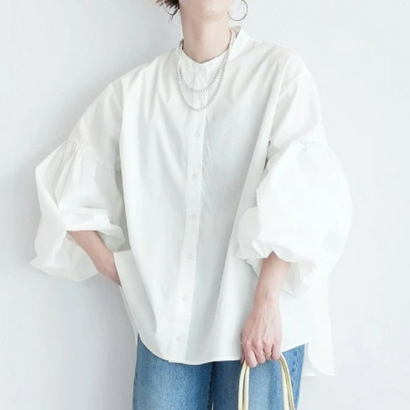 Neewe Womens Round Neck Puff Long Sleeve Tops Casual Loose Solid Basic T Shirt Button Cuffs Pullovers Shirts Blous