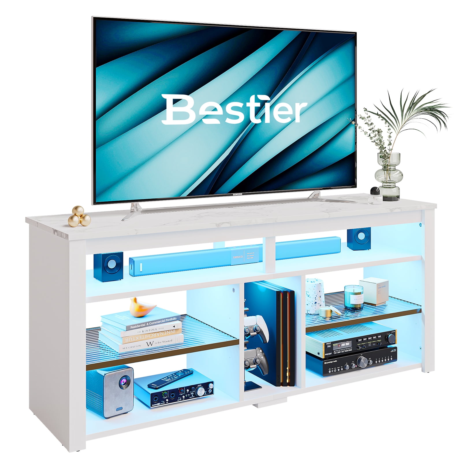 Bestier Tall TV Stand for 65" TVs,Entertainment Center with PS5 Storage,LED TV Stands for Living Room,TV console with Adjustable Storage Shelf,White Marble TV Stand