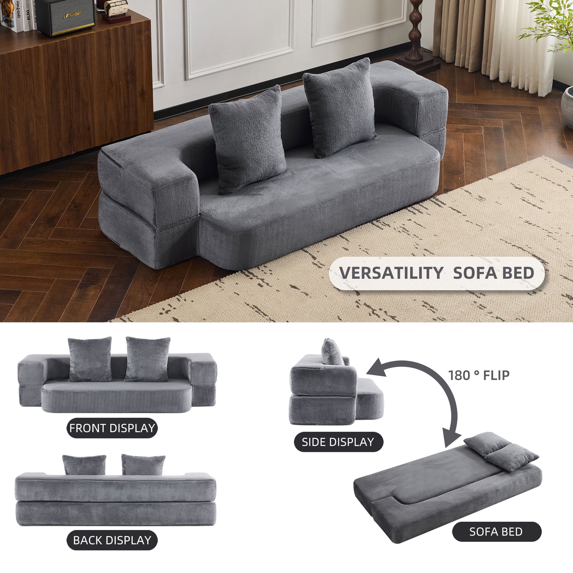 Jopath 75'' Futon Sofa Bed, Foldable Mattress Sofa Couch with Pillow Back & Armrest, Faux Fur Floor Couch Lounge Sleeper Sofa Bed for Living Room/Bedroom,No Assembly Required,Gray