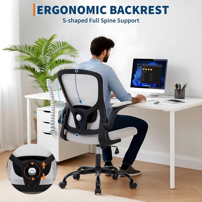 Ergonomic Mesh Office Chair - Adjustable Lumbar Support, Flip-Up Armrests | Comfy Rolling Computer Chair for Home Office & Study | Breathable, Stylish Executive Chair with Smooth Casters(Grey)