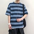 thumbnail image 4 of Camiseta de hombre a rayas, media manga, suelta, cuello redondo, blusa de algodón, azul, XL Sweethay AP002500-07, 4 of 7
