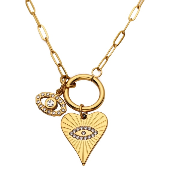 18K Gold Plated Evil Eye Heart Necklace, Paperclip Chain Pendant Choker for Women, Hypoallergenic Jewelry Gift with Box